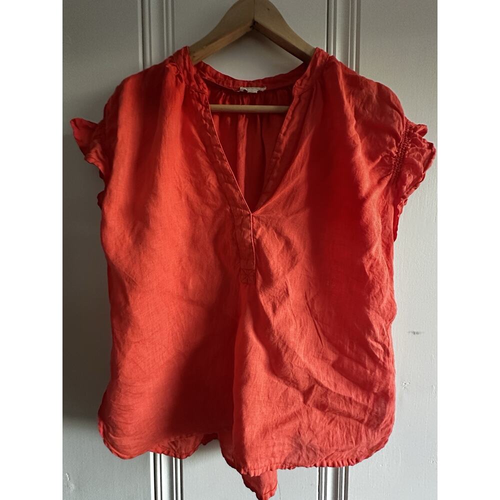 Pilcro 100% Linen Blouse Womens S‎ Red Orange V Neck Ruffle Sleeve Anthropologie